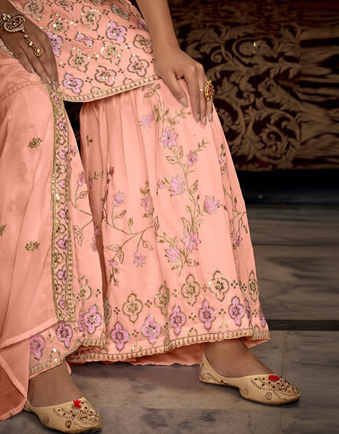 Designer Party Wear Readymade Salwar Suit Sweet Pink Heavy Faux Georgette Sharara Suit Close-up View