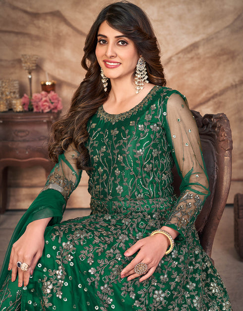 Dark Spring Green Net Pant Anarkali Closure View
