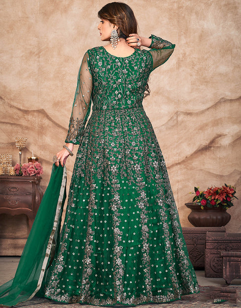 Dark Spring Green Net Pant Anarkali Back View