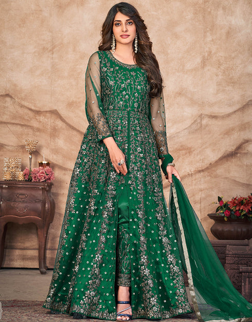 Dark Spring Green Net Pant Anarkali Salwar Kameez