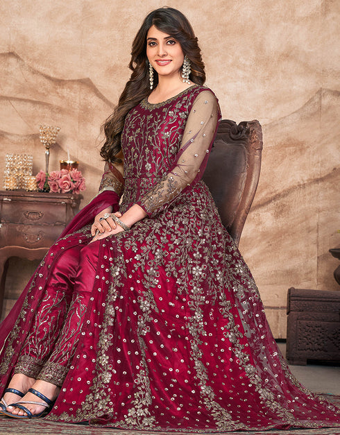 Bright Maroon Net Pant Anarkali