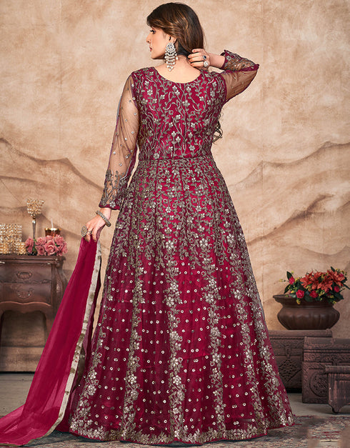 Bright Maroon Net Pant Anarkali Back View