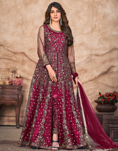 Bright Maroon Net Pant Anarkali Salwar Kameez