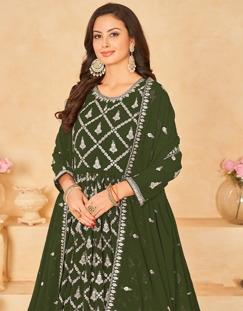 Traditional Party Wear Faux Georgette Salwar Suit Thatch Green Faux Georgette Pant Anarkali Close-up View