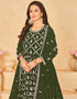 Traditional Party Wear Faux Georgette Salwar Suit Thatch Green Faux Georgette Pant Anarkali Close-up View
