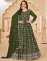 Traditional Party Wear Faux Georgette Salwar Suit Thatch Green Faux Georgette Pant Anarkali Front View