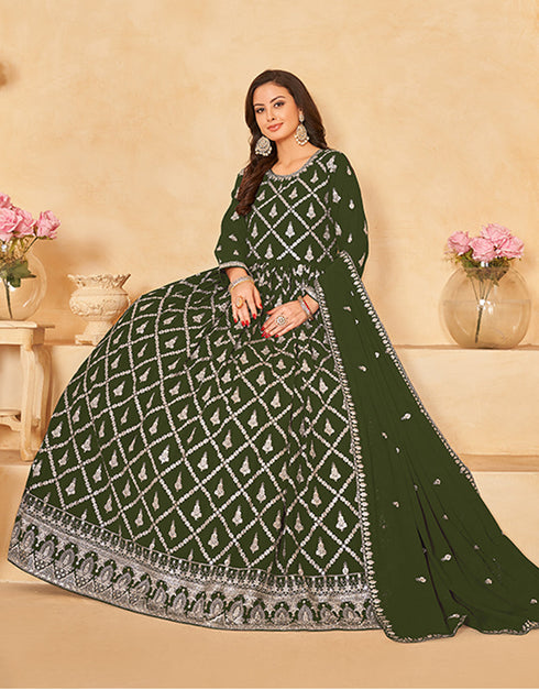 Traditional Party Wear Faux Georgette Salwar Suit Thatch Green Faux Georgette Pant Anarkali Back View