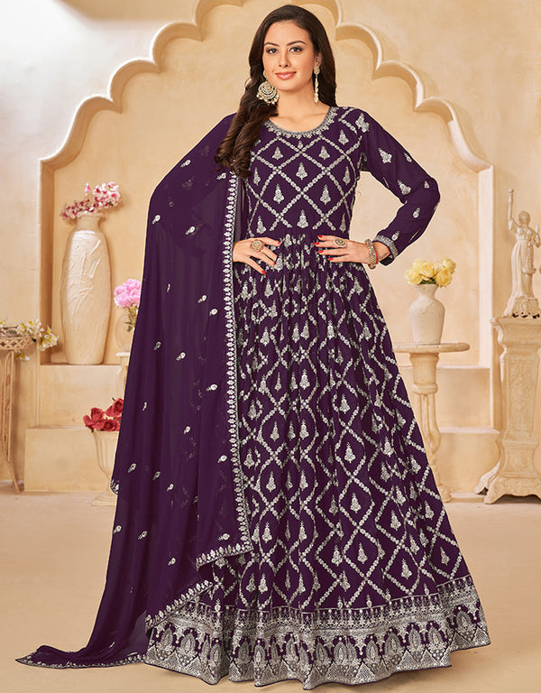 Traditional Party Wear Faux Georgette Salwar Suit Wine Berry Faux Georgette Pant Anarkali Front View