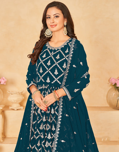 Traditional Party Wear Faux Georgette Salwar Suit Prussian Blue Faux Georgette Pant Anarkali Close-up View