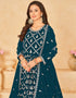 Traditional Party Wear Faux Georgette Salwar Suit Prussian Blue Faux Georgette Pant Anarkali Close-up View