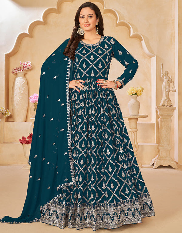 Traditional Party Wear Faux Georgette Salwar Suit Prussian Blue Faux Georgette Pant Anarkali Front View