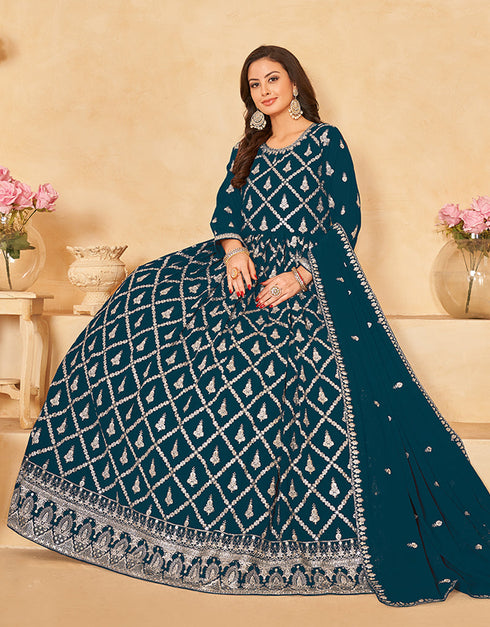 Traditional Party Wear Faux Georgette Salwar Suit Prussian Blue Faux Georgette Pant Anarkali Back View