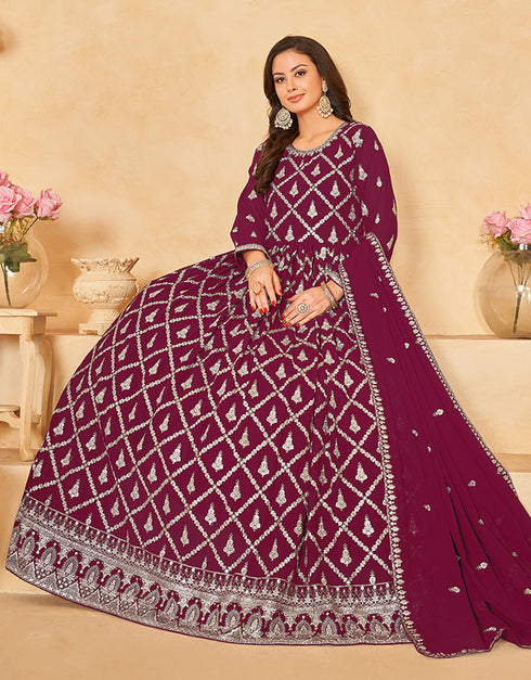 Traditional Party Wear Faux Georgette Salwar Suit Red Purple Faux Georgette Pant Anarkali Close-up View