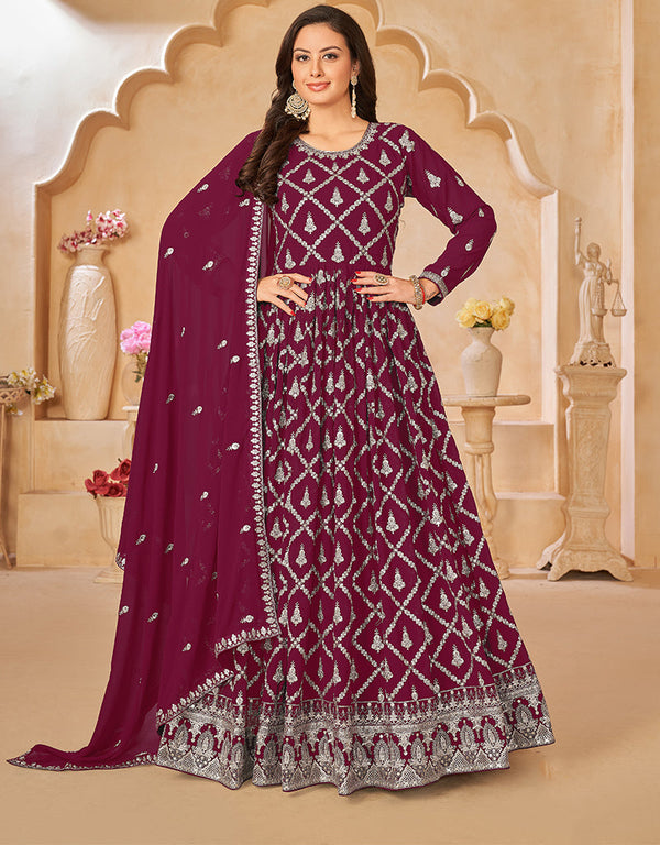 Traditional Party Wear Faux Georgette Salwar Suit Red Purple Faux Georgette Pant Anarkali Front View