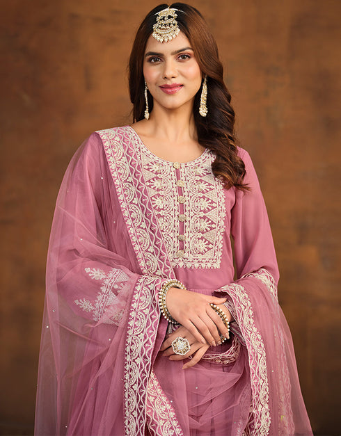 fashionable muted pink faux georgette heavy designer wedding wear salwar suit with muted pink faux georgette df-26-20261 Back View