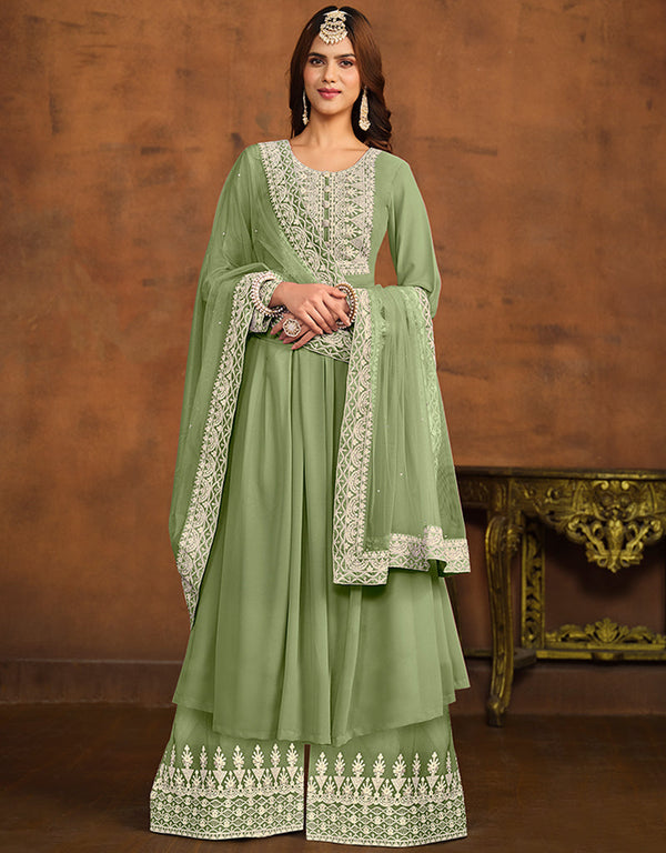 sleek iguana green faux georgette heavy designer wedding wear salwar suit with iguana green faux georgette df-26-20262 Front View