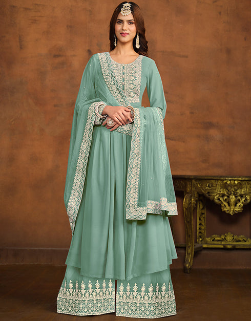 modern hazel green faux georgette heavy designer wedding wear salwar suit with hazel green faux georgette df-26-20263 Front View
