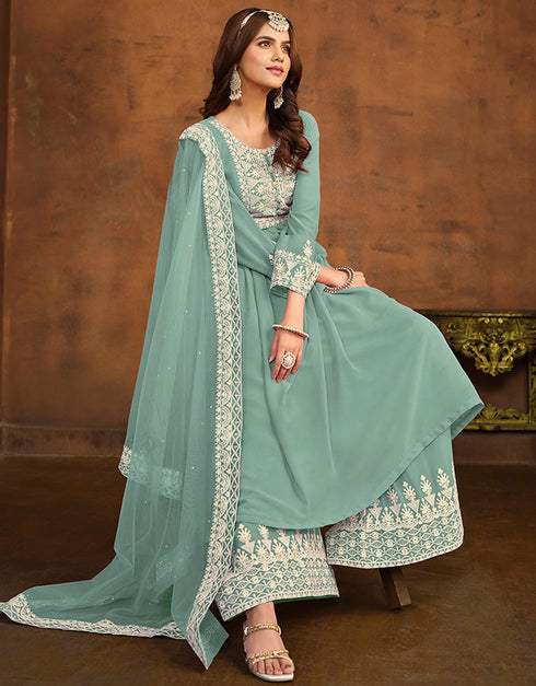 modern hazel green faux georgette heavy designer wedding wear salwar suit with hazel green faux georgette df-26-20263 Close-up View