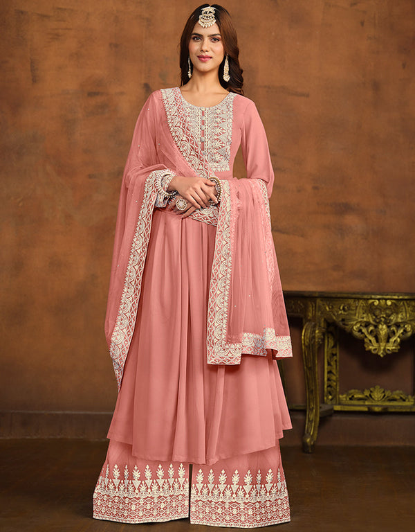 sophisticated dusky rose faux georgette heavy designer wedding wear salwar suit with dusky rose faux georgette df-26-20264 Front View