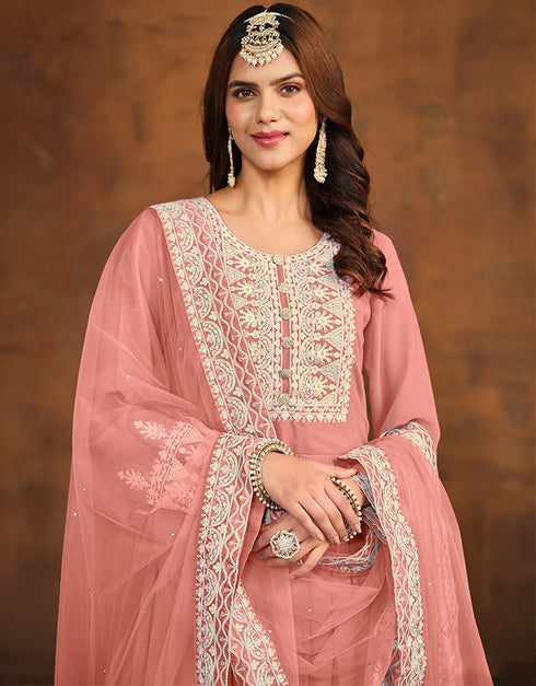 sophisticated dusky rose faux georgette heavy designer wedding wear salwar suit with dusky rose faux georgette df-26-20264 Back View