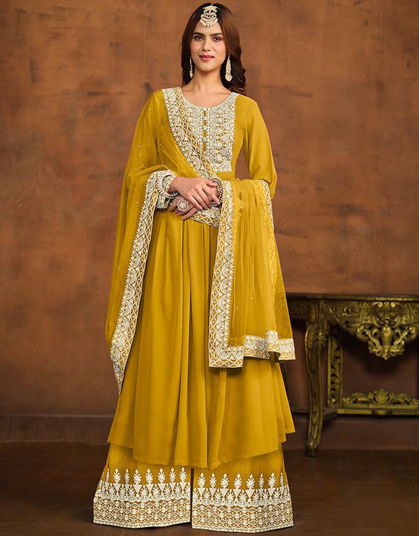 glamorous yellow ochre faux georgette heavy designer wedding wear salwar suit with yellow ochre faux georgette df-26-20265 Front View