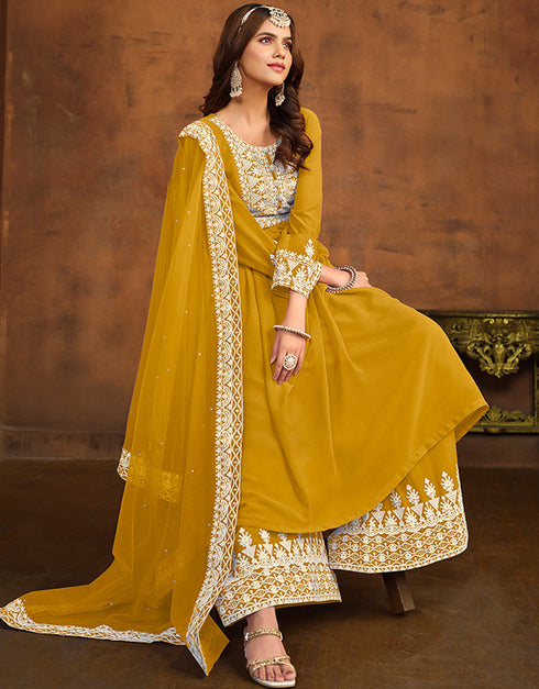 glamorous yellow ochre faux georgette heavy designer wedding wear salwar suit with yellow ochre faux georgette df-26-20265 Close-up View