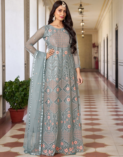 stylish regent grey butterfly net designer party wear readymade salwar suit with regent grey japan satin ie-1026-a Front View