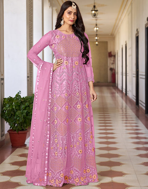 trendy tulip pink butterfly net designer party wear readymade salwar suit with tulip pink japan satin ie-1026-c Front View