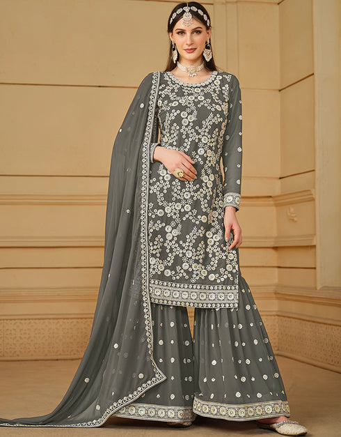 stylish smokey grey faux georgette heavy designer wedding wear salwar suit with smokey grey faux georgette df-29-10291 Front View
