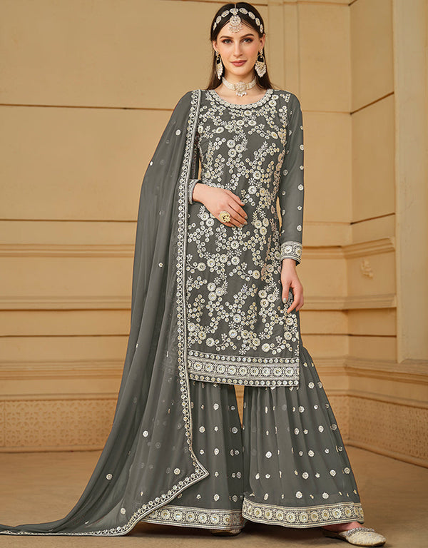 stylish smokey grey faux georgette heavy designer wedding wear salwar suit with smokey grey faux georgette df-29-10291 Front View