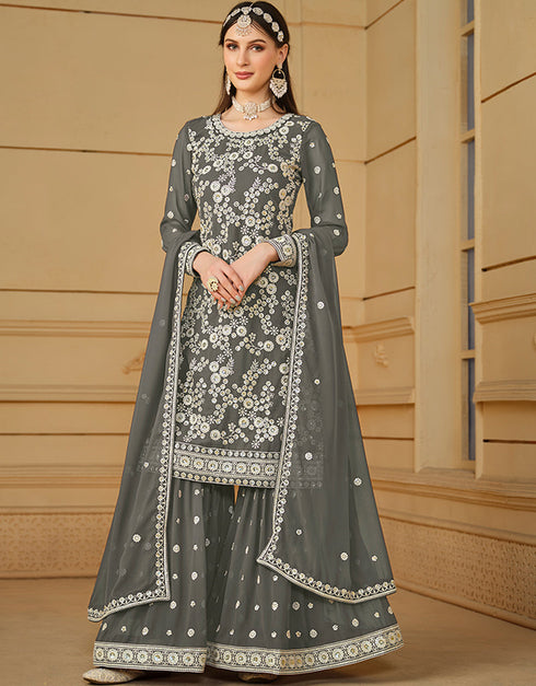 stylish smokey grey faux georgette heavy designer wedding wear salwar suit with smokey grey faux georgette df-29-10291 Close-up View