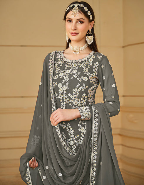 stylish smokey grey faux georgette heavy designer wedding wear salwar suit with smokey grey faux georgette df-29-10291 Back View