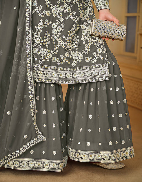 stylish smokey grey faux georgette heavy designer wedding wear salwar suit with smokey grey faux georgette df-29-10291 Front View