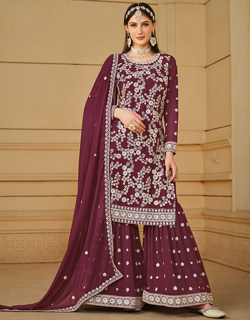 chic wine berry faux georgette heavy designer wedding wear salwar suit with wine berry faux georgette df-29-10292 Front View