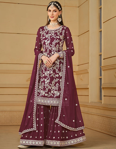 chic wine berry faux georgette heavy designer wedding wear salwar suit with wine berry faux georgette df-29-10292 Close-up View