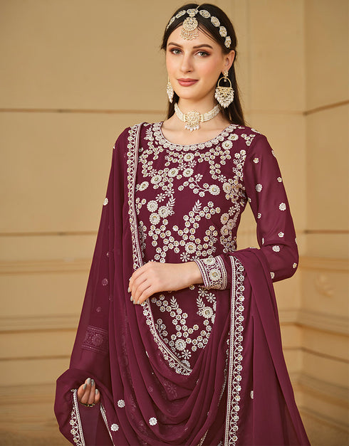 chic wine berry faux georgette heavy designer wedding wear salwar suit with wine berry faux georgette df-29-10292 Back View