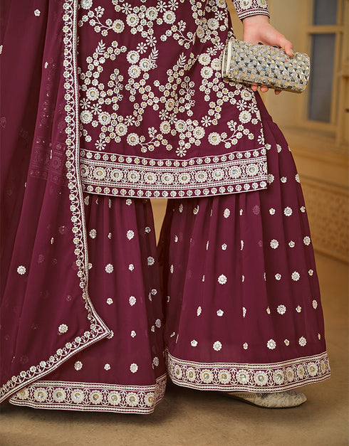 chic wine berry faux georgette heavy designer wedding wear salwar suit with wine berry faux georgette df-29-10292 Front View