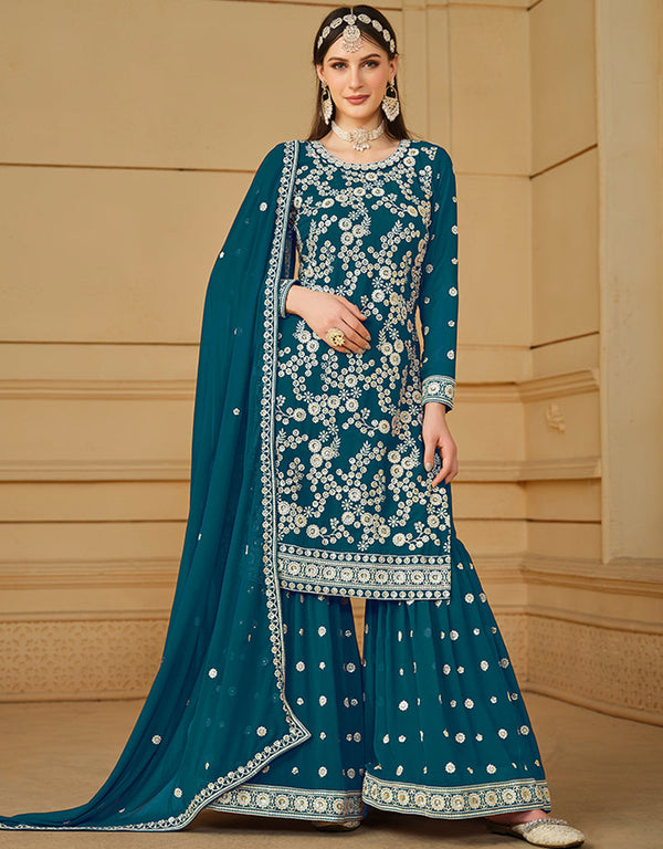 trendy sherpa blue faux georgette heavy designer wedding wear salwar suit with sherpa blue faux georgette df-29-10293 Front View