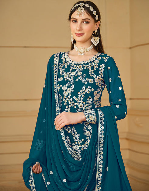 trendy sherpa blue faux georgette heavy designer wedding wear salwar suit with sherpa blue faux georgette df-29-10293 Back View