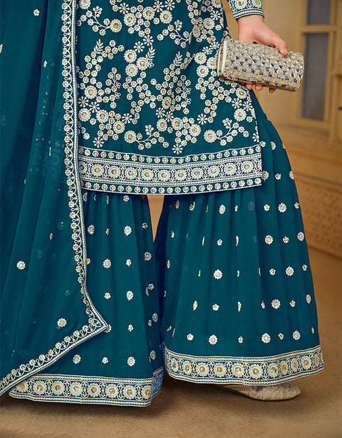 trendy sherpa blue faux georgette heavy designer wedding wear salwar suit with sherpa blue faux georgette df-29-10293 Front View