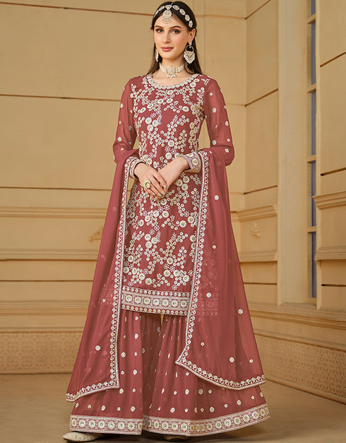elegant rust faux georgette heavy designer wedding wear salwar suit with rust faux georgette df-29-10294 Front View