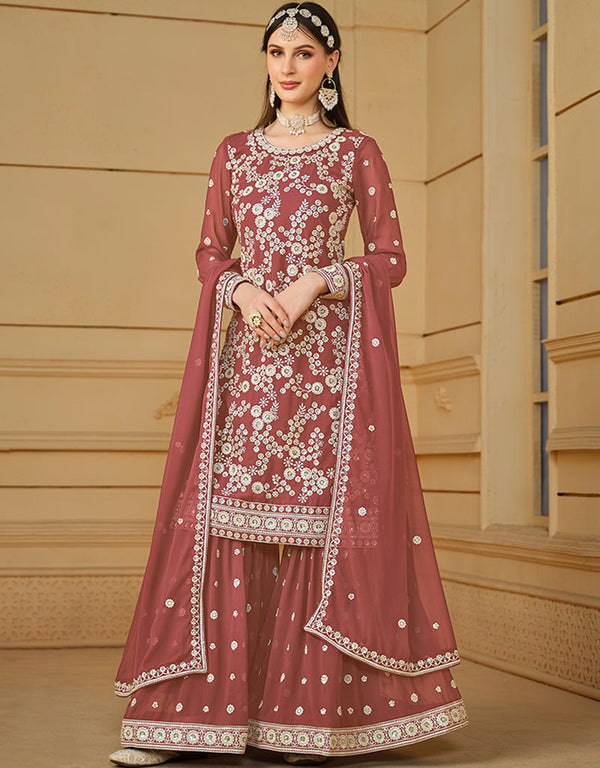 elegant rust faux georgette heavy designer wedding wear salwar suit with rust faux georgette df-29-10294 Front View