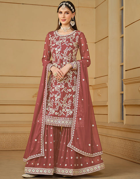 elegant rust faux georgette heavy designer wedding wear salwar suit with rust faux georgette df-29-10294 Close-up View