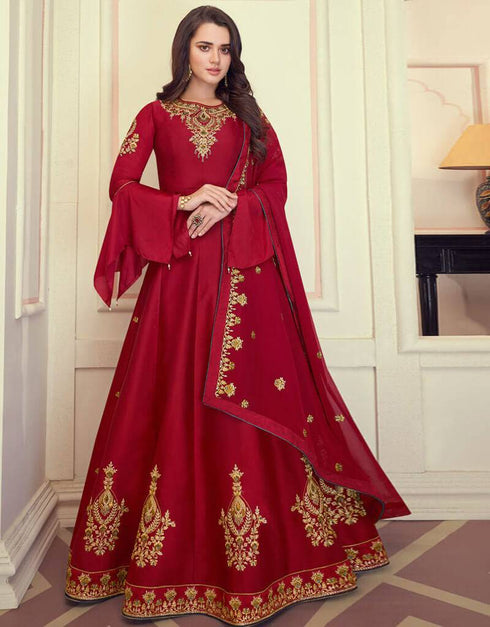 Heavy Muslin Silk Red Salwar Kameez Suit Anarkali Bottom