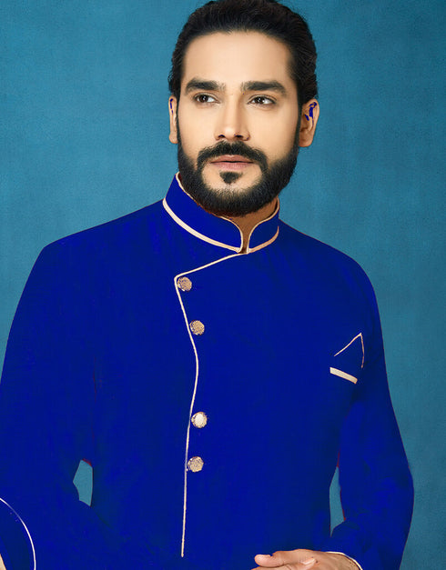 Royal Blue Kurta Dhupion Art Silk Breaches Pant Closure View