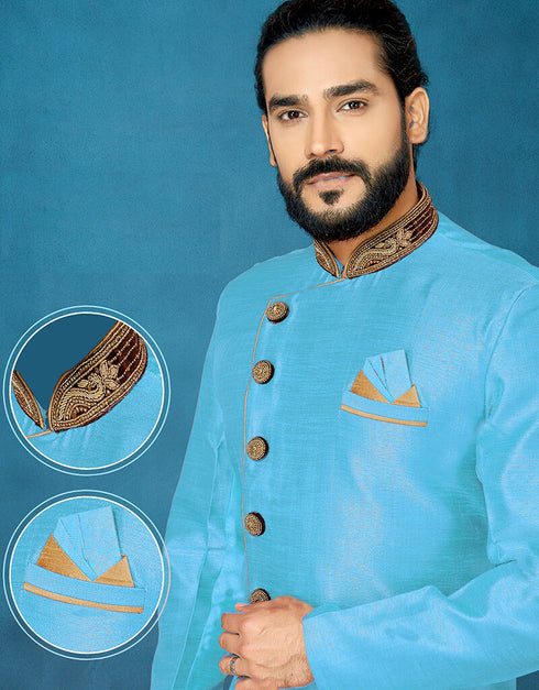Sky Blue Kurta Dhupion Art Silk Dhoti Closure View