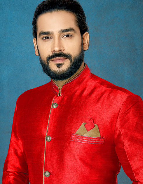 Red Kurta Dhupion Art Silk Dhoti Closure View