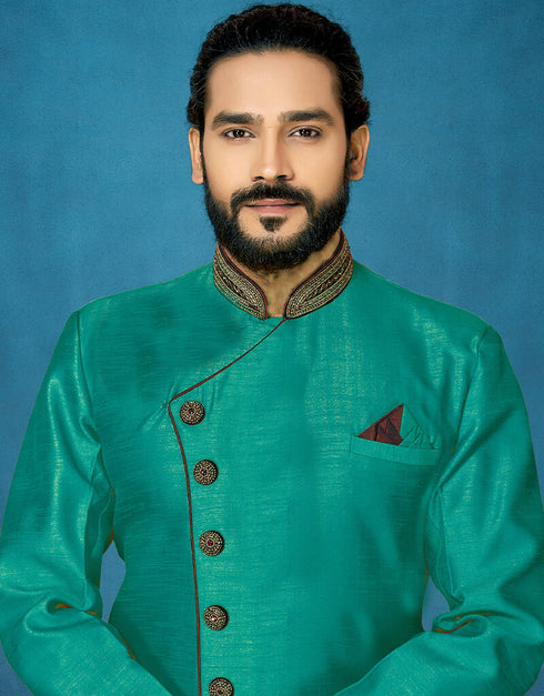 Rama Green Kurta Dhupion Art Silk Dhoti Closure View