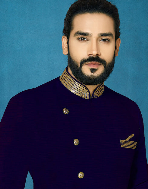 Navy Blue Kurta Dhupion Art Silk Dhoti Closure View