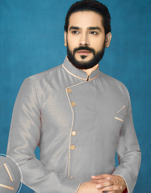 Gray Kurta Dhupion Art Silk Breaches Pant Closure View